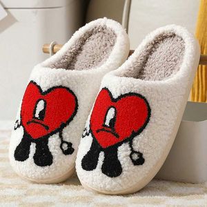 Custom Cute Red Heart Bad Bunny Slippers Slides Ladies Winter Indoor Warm House