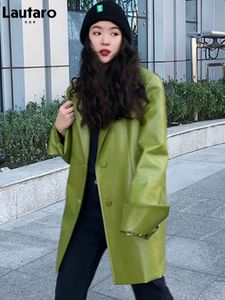 Kadın Deri Sahte Deri Kadınlar Ceketler Lautaro Sonbahar Avokado Green Pu Deri Blazer Uzun Kollu Yaku Tek Kelime Kelinet Kore Moda Y2K JAC