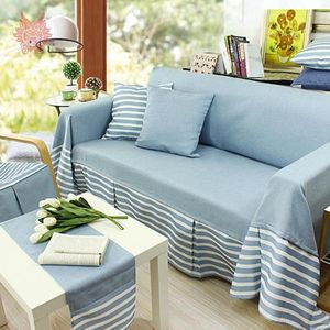 Stol täcker ljus mörkblå rand soffa täckt tjockt linnetyg slipcovers kanape fyra säsongsanvändning heminredning sp3415