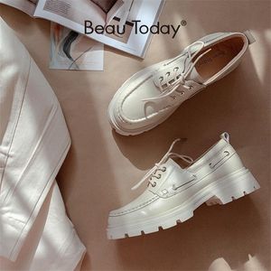 ドレスシューズbeautodayプラットフォーム女性本物の皮革丸いつま先縫製レースアップフラットチャンキーソールレディースダービー手作り27739 220926ガイガイガイ