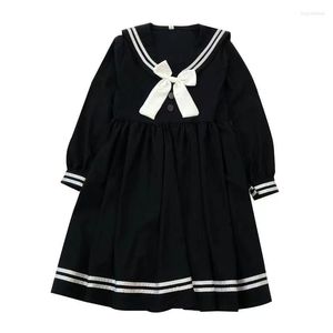 Zestawy odzieży w stylu japońskiego w stylu Preppy Spring Autumn Kobiety Midi Dress Town Kołnierz Bown Blue Pleated Cute Kawaii Girl's JK Mundlid