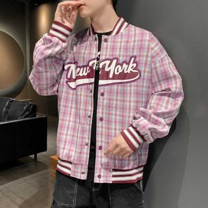 Kurtki męskie 2022 Vintage Plaid Thin Baseball Jacket Men American Street Hip-Hop Lose drukowana para baseballowa kurtka Varsity T220926