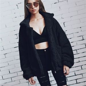 Kvinnors päls faux elegant svart kappa kvinnor höst vinter varm mjuk blixtlås fluffig jacka kvinnlig plysch ficka avslappnad teddy outwear 220927