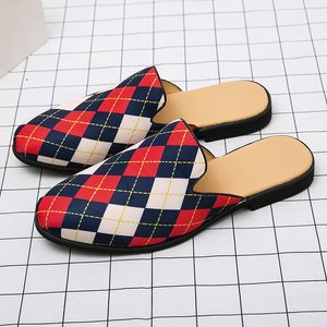 Fashion Half Drag Men Shoes Personality Plaid Canvas Simple Slip-on Baotou Slingback Comfortable Casual Daily AD278