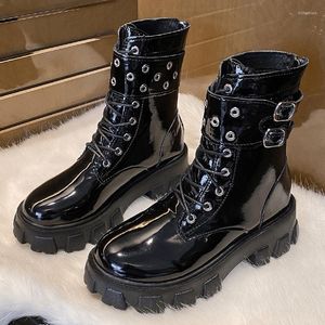 Boots Women's Snow Platform Motocicleta Mulheres góticas grossas punk mulher preta fuckle fivela de metal de metal renda para cima