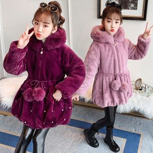 Coat Winter Girls Faux Fur Inside s Pearl Cute Design Thick Warm Children Outerwear Baby Princess Kids With Hood Jacket 220927