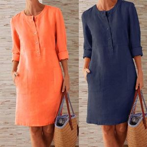 Arbetskl￤nningar plus storlek f￶r kvinnor 2022 Casual l￥ng￤rmad knappar Fickor Bomullslinne O Neck Loose Kne-Length Dress Summer