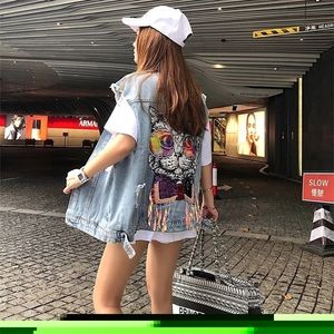 Women's Vests Denim Vest Jacket Back Cat Spring Summer Korean Style Women Cardigan Loose Hole Ribbon Waistcoat Fashion Jeans Gilet Coat 220928