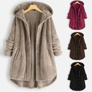 Frauen Pelz Faux Winter Fleece Unregelmäßigen Langarm Taste Tasche Mit Kapuze Mantel Herbst Damen Mantel 220927