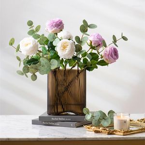 Decorative Flowers High Quality Real Touch Big Tea Rose Branch And Eucalyptus Leaves Artificial For Home Decor Deco Mariage Flores