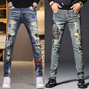 Herrenjeans Herren Distressed Bettlerjeans schmutzig zerrissene Jeanshose Stickerei Loch Schlankheitskur lang homme 220927