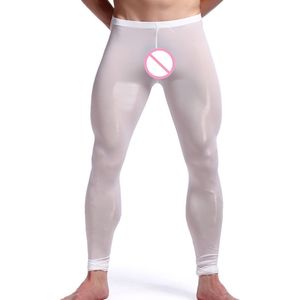 Herrens mäns sexiga sömnbottnar Ice Silk Ultratin Transparent termiska coola leggings Men Long Johns Lounge Tight Pants Underwear 380