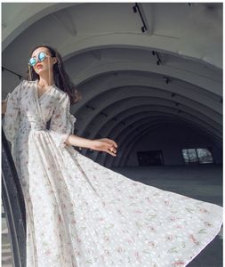 Summer romantyczny żakardowy kwiecisty szyfon z koronkową sukienką Elegancką kobietę X-Long Socile Maxi Casual Sukienki Kobiety