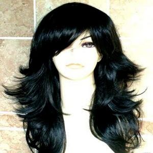 Ladies Wig Long Natural Black Fashion Wig with Fringe Tapered Layered Straight wig