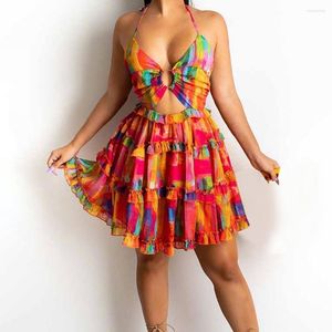 Kadın Mayo Renkli Batik Baskı Halter Backless Mini Elbise Kadınlar Seksi Zarif Fırfırlı Elbiseler Yaz Plaj Tatil Robe