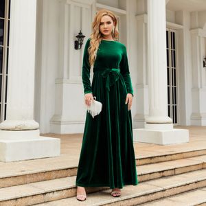 Even Dress Damen-Rundhalsausschnitt, lange Ärmel, elegantes Samt-Cocktail-Maxikleid mit Gürtel, Hochzeitsgast-Kleider für Damen