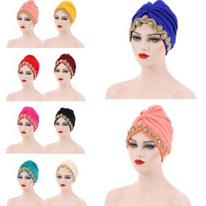 Muslim Folds Turban Hat Female Warm Headscarf Bonnet Hat Winter Elastic Head Cover Caps Women Solid Color Rhinestone India Hats