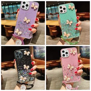 3D Butterfly Soft TPU -fodral för iPhone 15 14 Pro Max 13 12 mini 11 XR XS X 8 7 6 I14 Plus Bling Foil Glitter Confetti -paljett Luxury Lady Clear Drop Glue Telefon Backtrap Rem