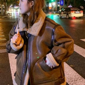 Women's Fur Faux Women Leather Coats Sheep Shearling Thicken Jacket Lady Fashion Long Sleeve Zipped Outerwear Winter Warm Coat 220927