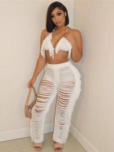 Women's Two Piece Pants Women PIeces Set Sexy Knitted Halter V-Neck Lace Up Backless Tassel Skinny Crop Tops Hollow Out Streetwear Outfits