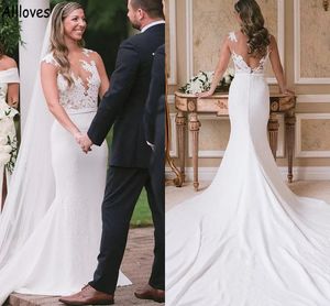 Abiti da sposa sexy a sirena in raso trasparente Boho Garden con strascico di corte Abiti da sposa con applicazioni di pizzo Bottoni senza schienale Vestidos De Novia Abito da ricevimento CL1199