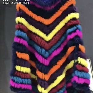 Womens Fur Faux Genuine real natural womens knitted rabbit fur shawl with raccoon collar girls multicolor colorfull pullover 220927