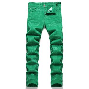 Slim Fit Stretch Men's Letter Print Green Jeans Summer Street Pants Autumn Casual Cotton Denim Trousers Pantalones de Hombre