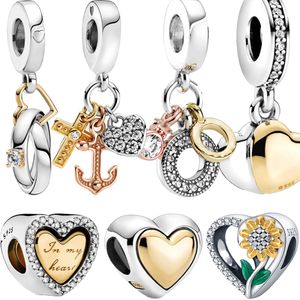 O novo e popular pingente de anel de amor de girassol de prata esterlina 925 Romance com contas de ouro é adequado para fabricação de joias DIY de pulseira Pandora