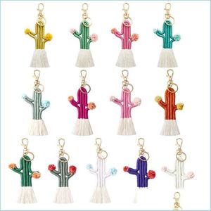 Keychains Rame Cactus Keychain Handmade Knitted Cotton Thread Wrapped Tassel For Women Fashion Boho Style Boutique Jewelry Drop Deliv Dhrdc