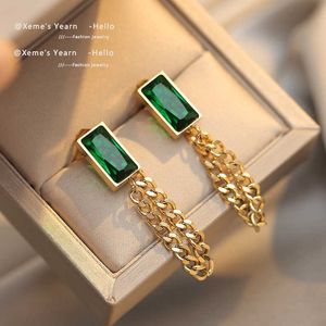 inspiration unique styling Classic Geometric Rectangle Green Crystal Charm Earrings Stainless Steel Chain Tassel Ear Accessories For Woman