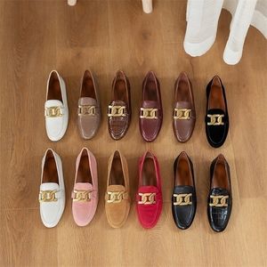 Dress Shoes Loafers for Women Women's Kid Suede Cowhide Female Flat Brand Design with Metal Buckle Casual Mocasines luxe 220926