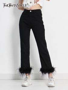 Jeans da donna TWOTWINSTYLE Pantaloni di piume patchwork neri per le donne Pantaloni a vita alta solidi e minimalisti Pantaloni femminili di moda coreana stile 220928
