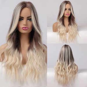 Long Natural Wave Synthetic Wig ombre marrom mulheres peruca de fibra resistente ao calor de cabelo falso