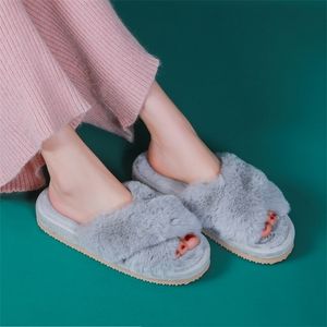 Tofflor Bevergreen Winter Luxury Women Pur Open Toe Cross Band House Girls Fluffy Slides 3cm Heel Ladies Platform Shoes 220926