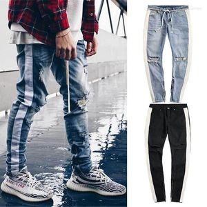 Men's Jeans Men's High Street Retro Men's White Stripe Side Knee Big Hole Ripped Denim Pants Fashion Male Slim Zipper Cowboys