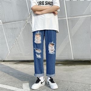 Men's Jeans Streetwear Ripped Men Spring Korean Fashion Straight Baggy Wide Leg Pants Cropped Male Blue 220927