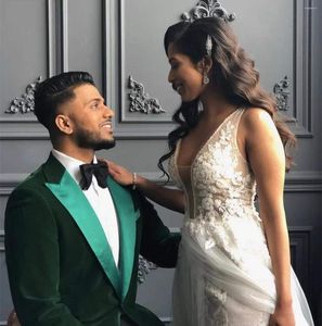 Men's Suits High Quality Green Velvet Blazer With Satin Lapel Black Pant One Button Men For Wedding Groom Prom Formal Tuxedos Male Set