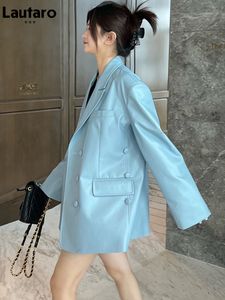 Giacche da donna in ecopelle in pelle da donna Lautaro Primavera Autunno Giacca blazer oversize in morbida pelle blu da donna con spacco sul retro Manica lunga Designer di lusso Outerw