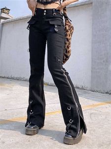 Calças femininas capris punk rebites zíper preto calças de carga y2k techwear leggings jeans gótico mulheres cyber ilhó fivela escuro acadêmico 90s calças t220926