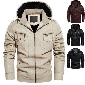 Winter New Men PU Leather Jackets Warm Fleece Casual Hooded Coat Mens Motorcycle Biker Outerwear Jacket Multi-pocket US Size