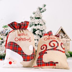 Linen Santa Sack Noel Hediye Çantası Kırmızı Ekose Drawstring Tote Çanta Festivali Dekorasyon SN6802