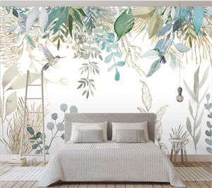 Wallpapers Custom wallpaper 3D Nordic hand painted small fresh tropical plants leaves flowers and birds murals living room background wall 220927