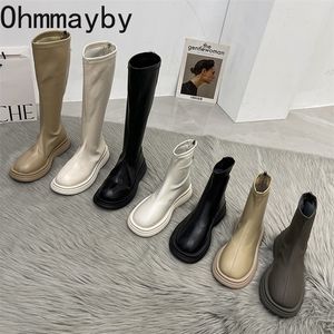 Botlar Kadınlar Uzun Kalın Ladies Fermuar Şövalye Daireleri Topuk Moda Diz Yüksek Botas Mujer Invierno Kış Ayakkabıları 220926