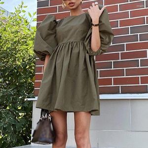 Casual Dresses Cotton Green Dress Women o-hals Lantern Kort ärm Solid Pink Mini Summer Woman 2022 Elegant A-Line Robe