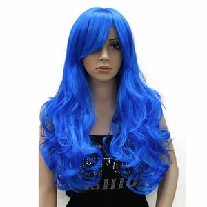 Lång Curly Cosplay Wig Synthetic 24in Red Blue Pink Bang Women Party Daily Hair Wig