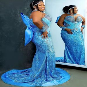 2022 Árabe Aso Ebi Azul Mermaid Prom Vestidos de renda de lacar