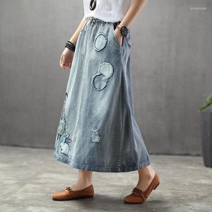 Kjolar vintage kvinnor 2022 Spring Autumn Nation Style S￶t tjejm￶nster Elastisk midja lappt￤cke rippad denim kjol