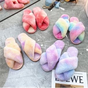 Slippers Winter Mixedcolor House Women Fur Rainbow Color Bedroom Meninas sapatos de pelúcia aberta do pé de pó interno fúria 220926