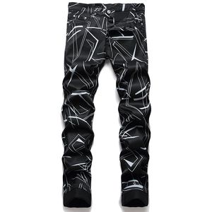 Slim Fit Herren Skinny Black Jeans Mode Lässige elastische Baumwoll-Denim-Hosen Sommer Street Geometry Print Hosen Pantalones