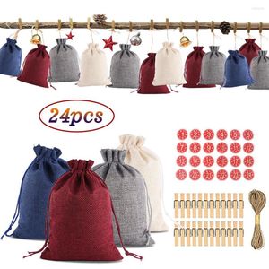Bow Ties 24PCS Merry Christmas Pattern Candy Bag 1-24 Advent Calendar Bundle Cotton Linen Gift Party Favors Kids Decor
